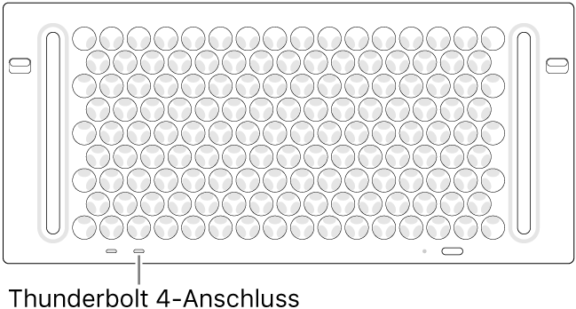 Die Oberseite des Mac Pro mit dem richtigen, zu verwendenden Thunderbolt 4-Anschluss.