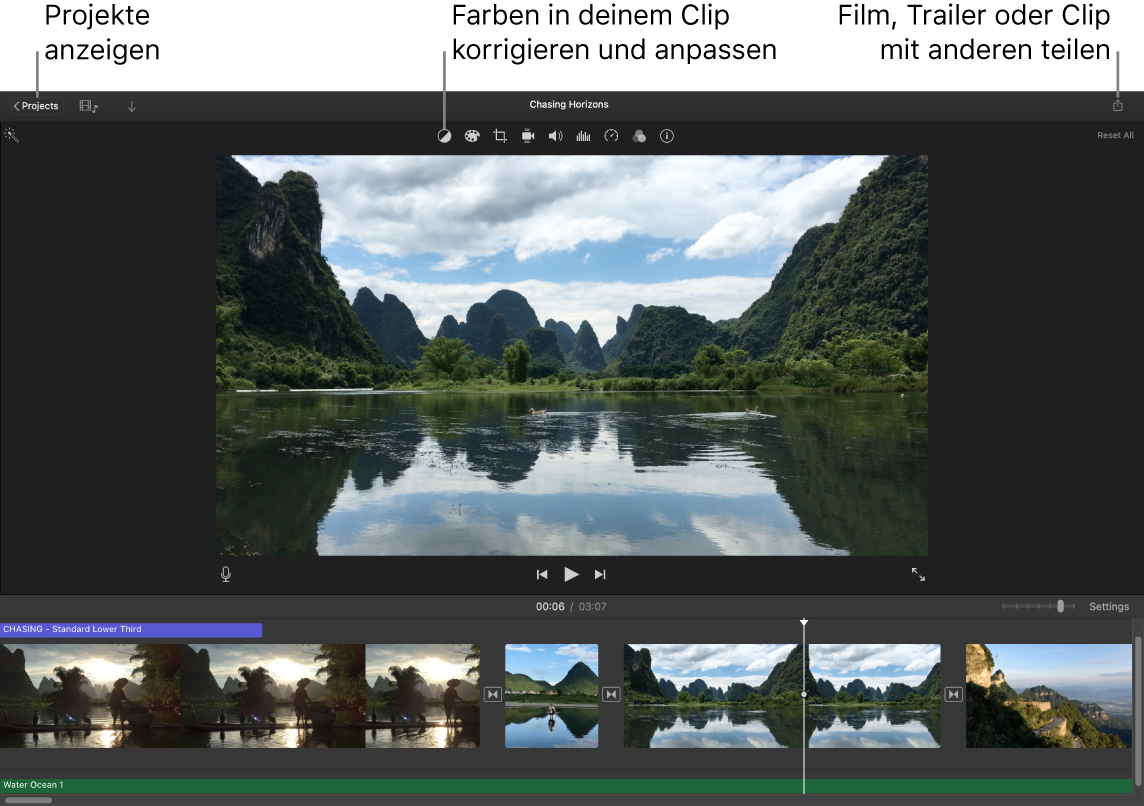 Ein iMovie-Fenster mit Tasten zum Anzeigen von Projekten, Korrigieren oder Anpassen von Farben und Teilen deines Films, Trailers oder Filmclips.