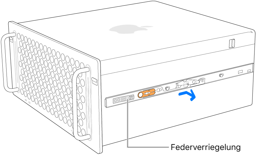 Eine Schiene wird von der Seite des Mac Pro gelöst.