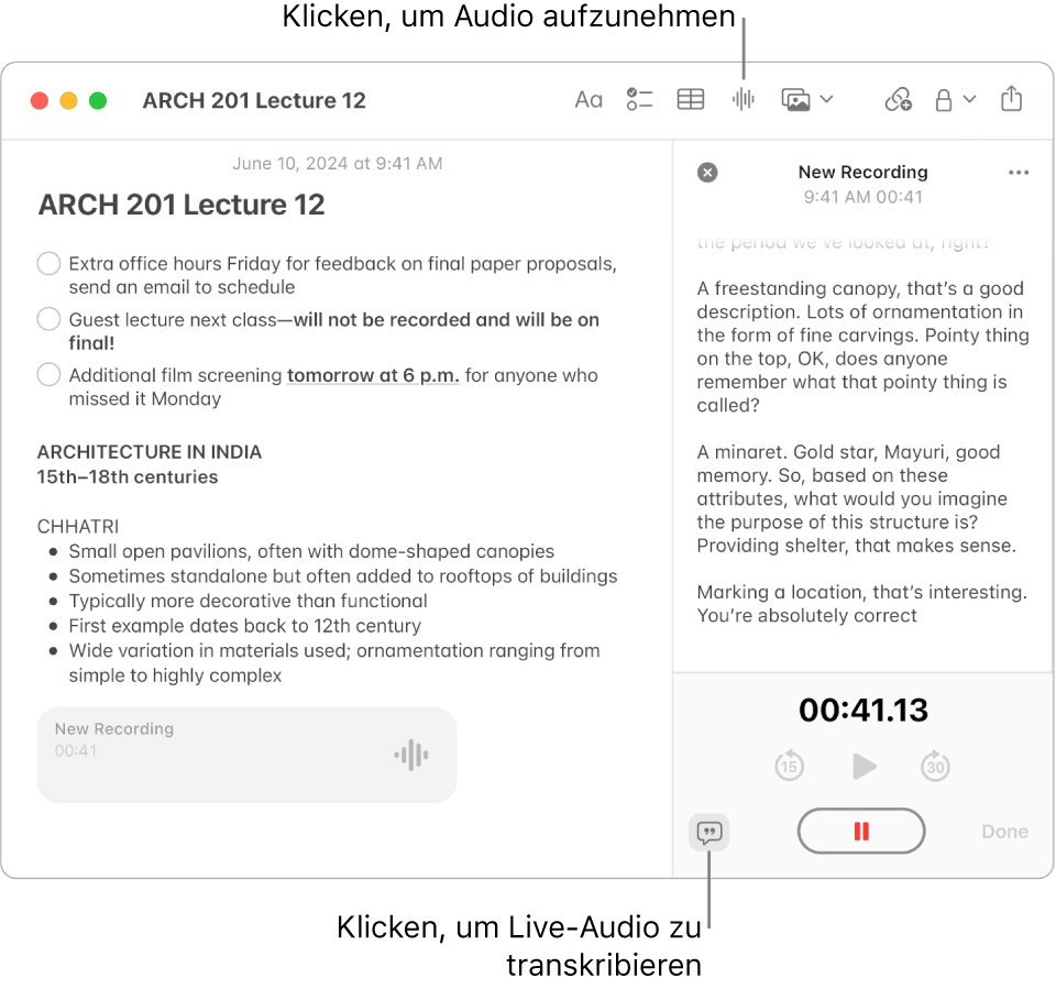 Ein „Notizen“-Fenster zeigt eine Notiz mit einer Checkliste, eine Liste mit Aufzählungszeichen und eine Audioaufnahme an. Das Fenster „Audiodetails“ ist geöffnet und zeigt eine Transkription der Audioaufnahme an.