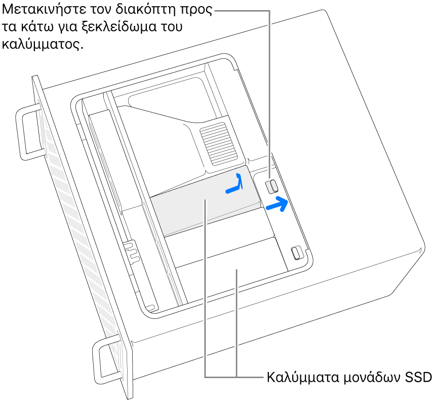 Ο διακόπτης μετακινείται προς τα δεξιά για ξεκλείδωμα του καλύμματος SSD.