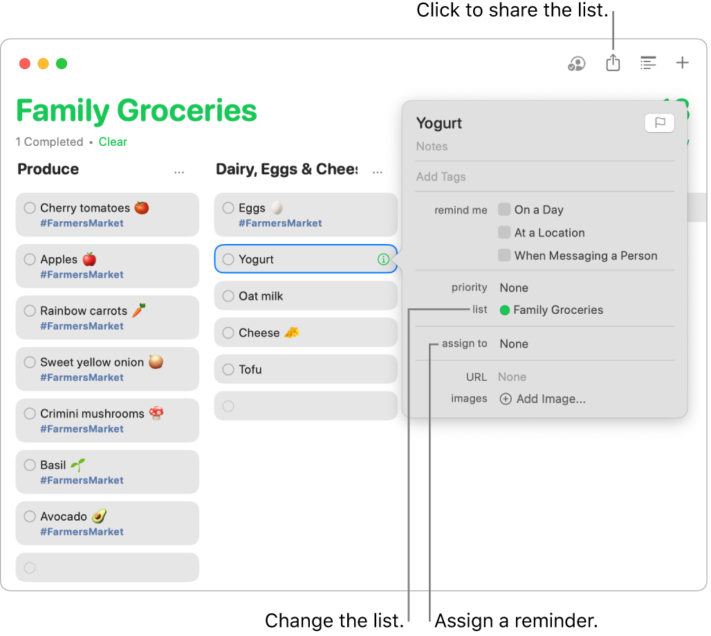 A Reminders app window showing the details for a reminder on a shared Grocery list.