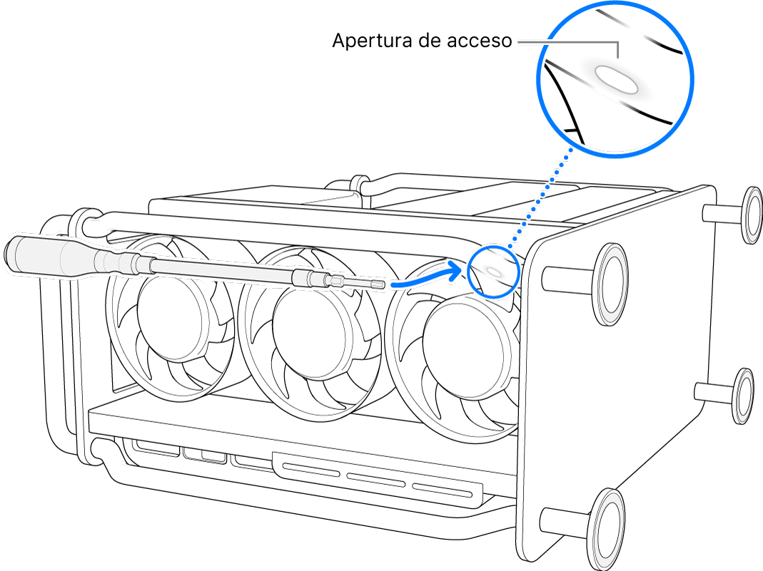 Mac Pro de lado con un desarmador flexible apuntando la abertura.