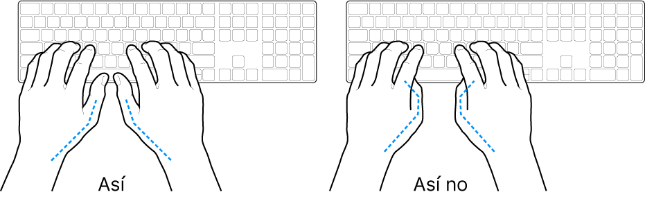 Manos posicionadas sobre un teclado, mostrando la alineación correcta e incorrecta de los pulgares.