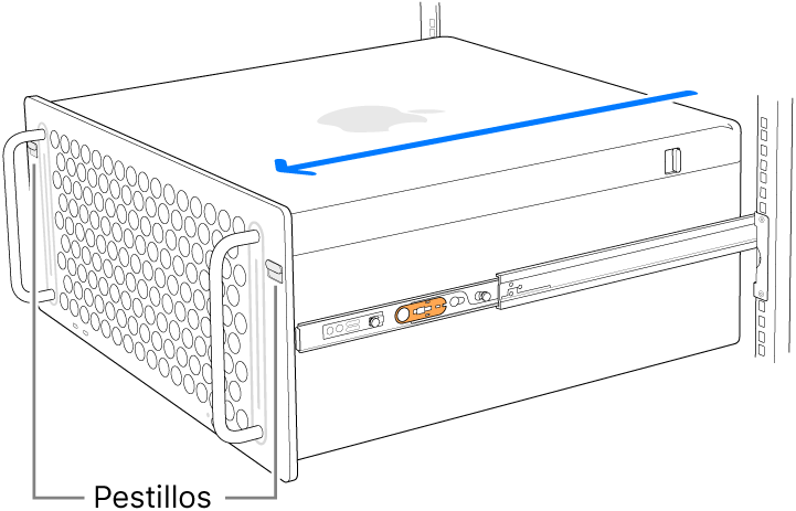 Mac Pro sujetado por rieles montados en un rack.