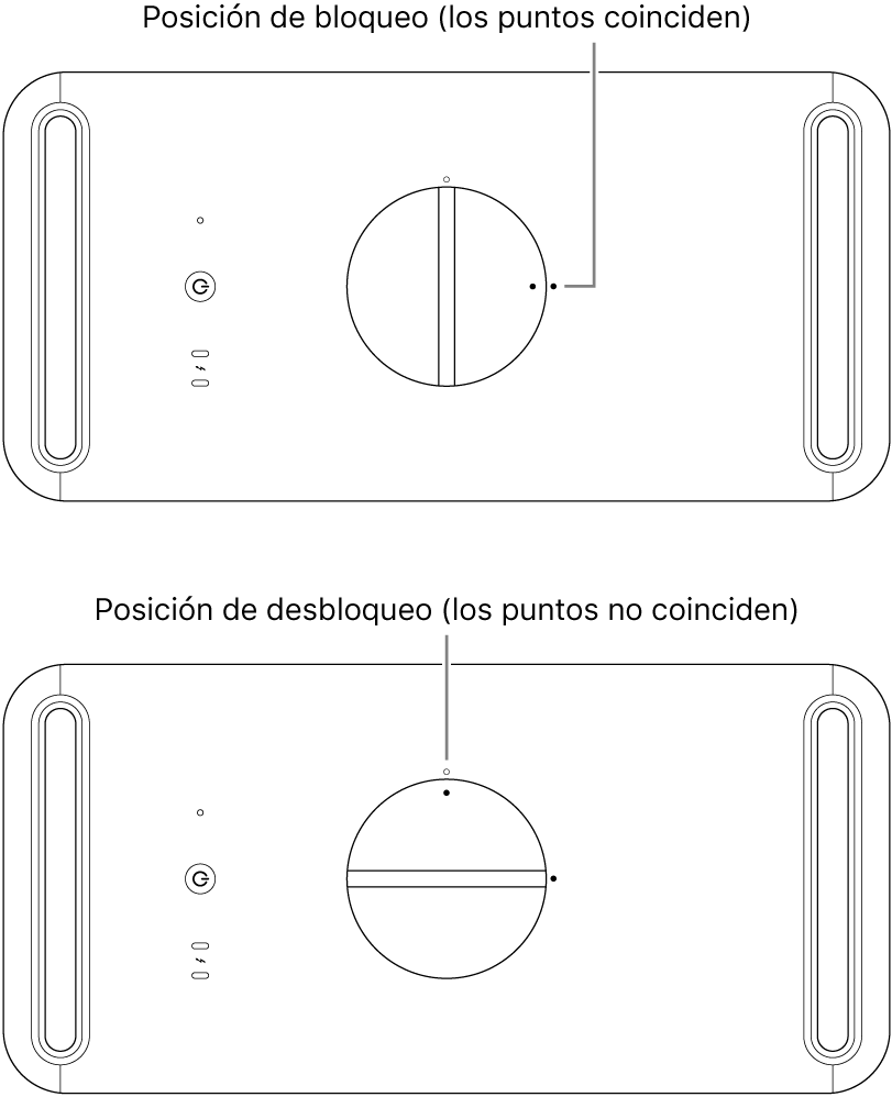 Parte superior de la carcasa del ordenador donde se muestra el cierre en posición de bloqueo y de desbloqueo.