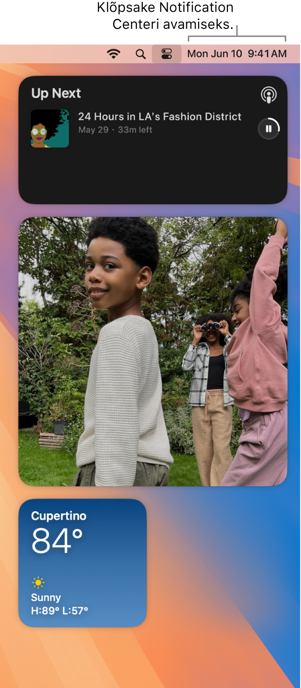 Notification Center rakenduste Calendar, Weather, Clock ja ScreenTime märguannetega ja vidinatega.