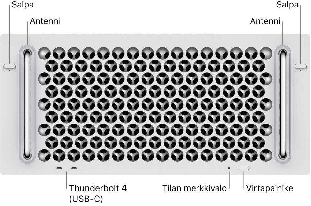 Mac Pron etuosa, jossa näkyy kaksi salpaa, kaksi antennia, virtapainike, tilan merkkivalo ja kaksi Thunderbolt 4 (USB-C) ‑porttia.