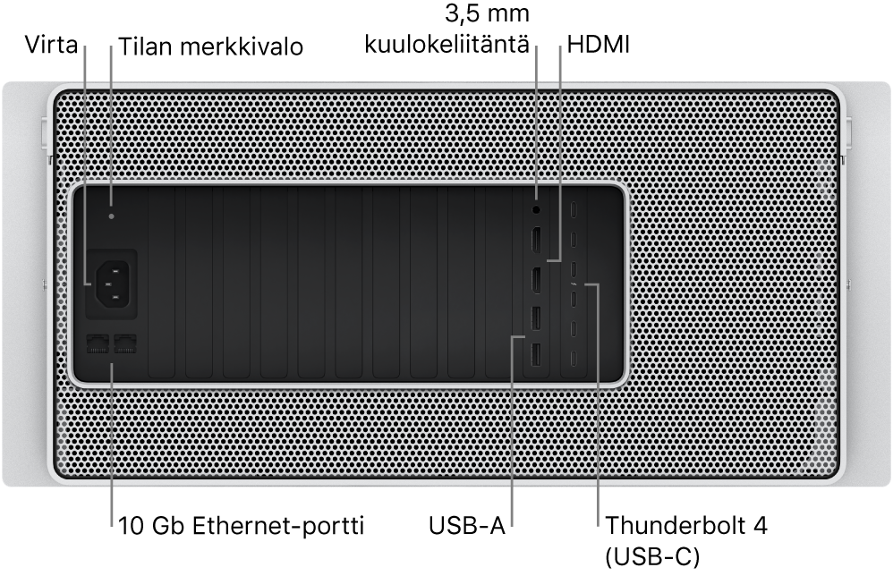 Mac Pron takaosa, jossa näkyy virtaliitäntä, tilan merkkivalo, 3,5 mm kuulokeliitäntä, kaksi HDMI-porttia, kuusi Thunderbolt 4 (USB-C) ‑porttia, kaksi USB-A-porttia ja kaksi 10 Gigabit Ethernet ‑porttia.