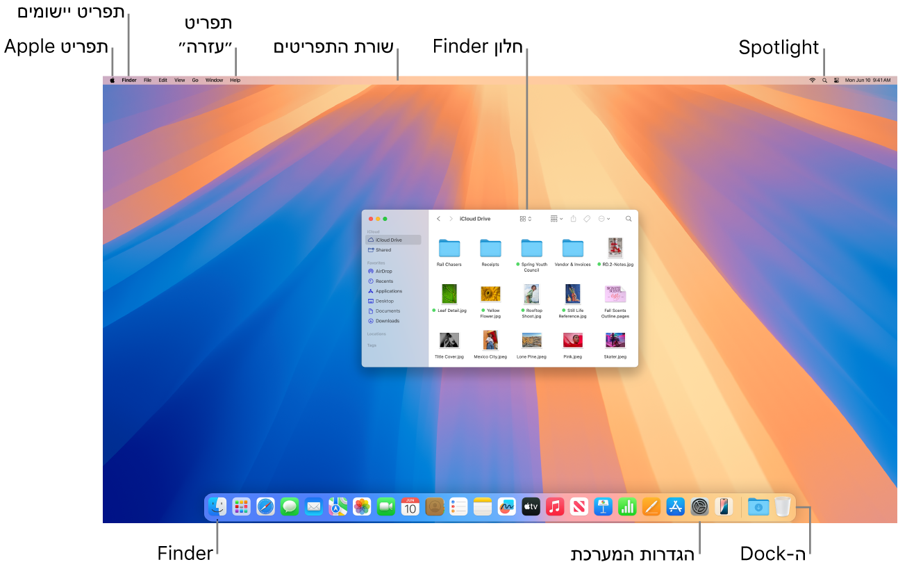 מסך Mac המציג את הרכיבים הבאים: תפריט Apple, תפריט ״יישומים״, תפריט ״עזרה״, שורת התפריטים, חלון של Finder, האייקון של Spotlight, האייקון של Finder, האייקון של ״הגדרות המערכת״ וה‑Dock.