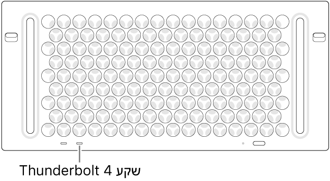 החלק העליון של ה-Mac Pro, והצבעה על יציאת ה-Thunderbolt 4 הנכונה לשימוש.