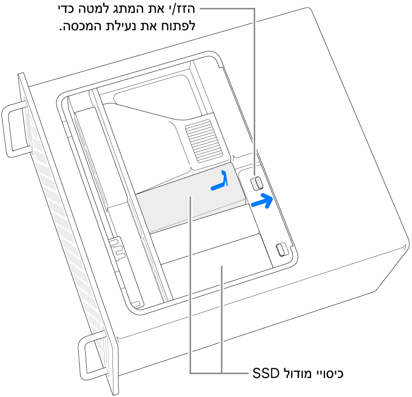 הזזת התפס ימינה לשחרור הנעילה של מכסה ה-SSD.