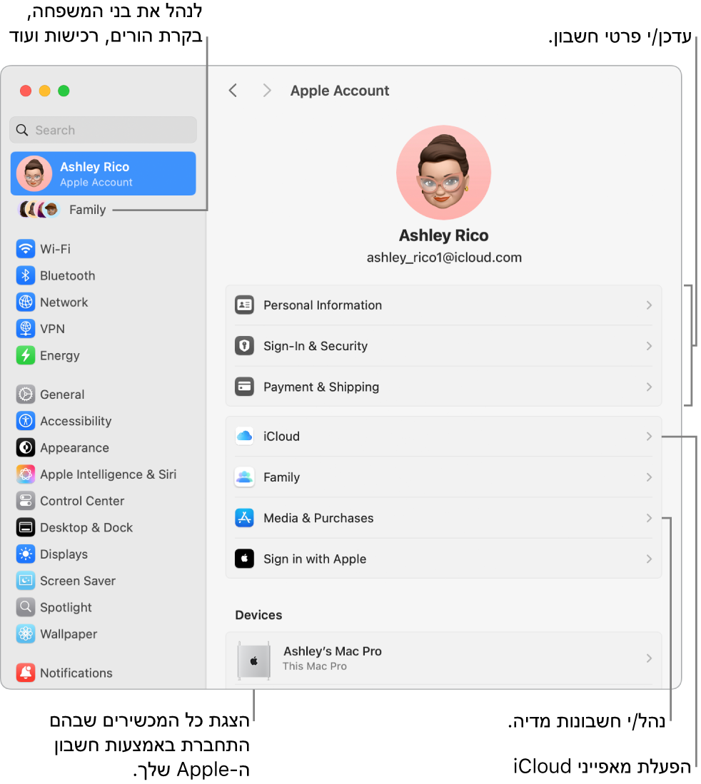 הגדרות חשבון Apple ב״הגדרות המערכת״ עם תיבות הסבר המצביעות על עדכון פרטי החשבון, הפעלה או השבתה של מאפייני iCloud, ניהול חשבונות מדיה והאזור ״משפחה״, שם ניתן לנהל חשבונות של בני משפחה, בקרות הורים, רכישות ועוד.