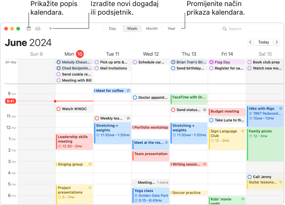 U prozoru aplikacije Kalendar prikazuju se svi događaji i podsjetnici koji su zakazani za tjedan. Strelice pokazuju na tipke koje prikazuju popis kalendara, izrađuju događaj ili podsjetnik i mijenjaju način prikaza na Dan, Tjedan, Mjesec ili Godinu.