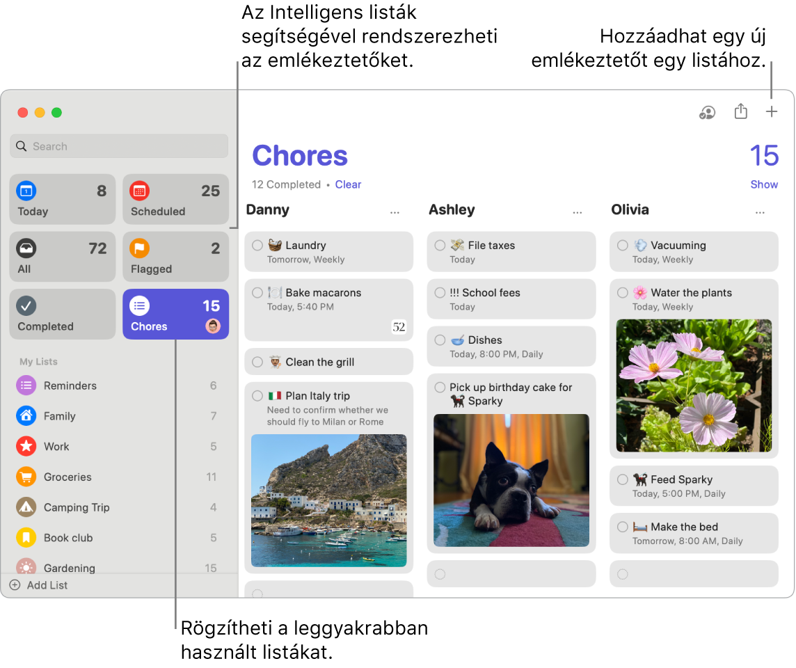 Az Emlékeztetők ablaka a bal oldalon az intelligens listákkal és az alul található további emlékeztetőkkel. A mutató egy emlékeztetőben van. Az Intelligens listákra és az „Új emlékeztető hozzáadása” gombra képfeliratok mutatnak.