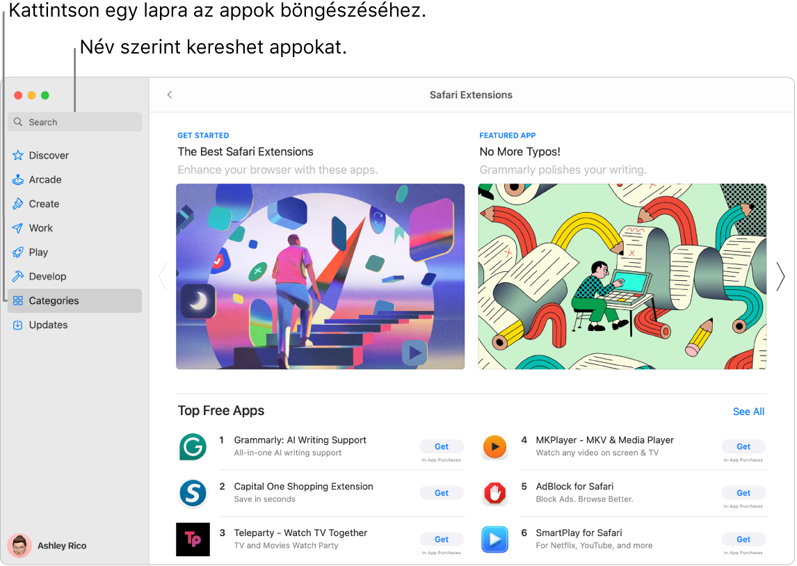 Az App Store ablaka a keresőmezővel és egy oldalnyi Safari-bővítménnyel.