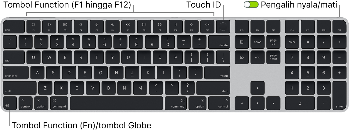 Magic Keyboard dengan Touch ID dan Keypad Numerik menampilkan baris tombol function dengan Touch ID di sepanjang bagian atas dan tombol Function (Fn)/Globe di kiri bawah.