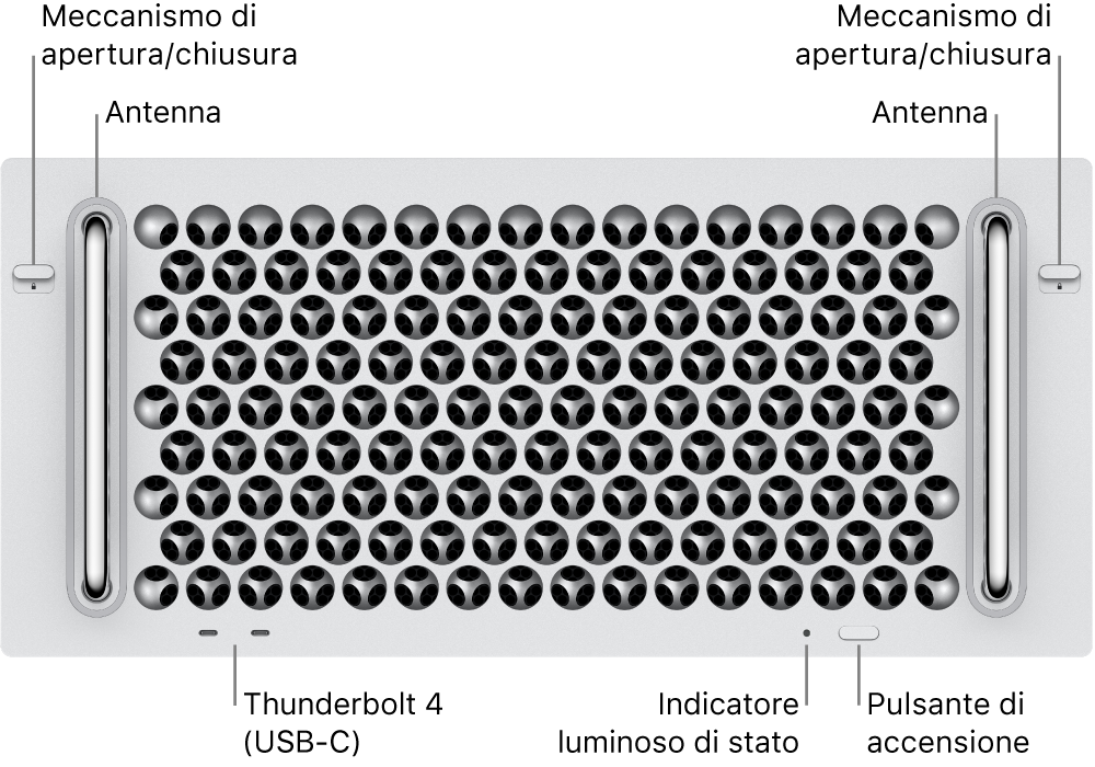 La parte anteriore di Mac Pro che mostra due fermi, due antenne, il pulsante di accensione, un indicatore luminoso di stato e due porte Thunderbolt 4 (USB-C).