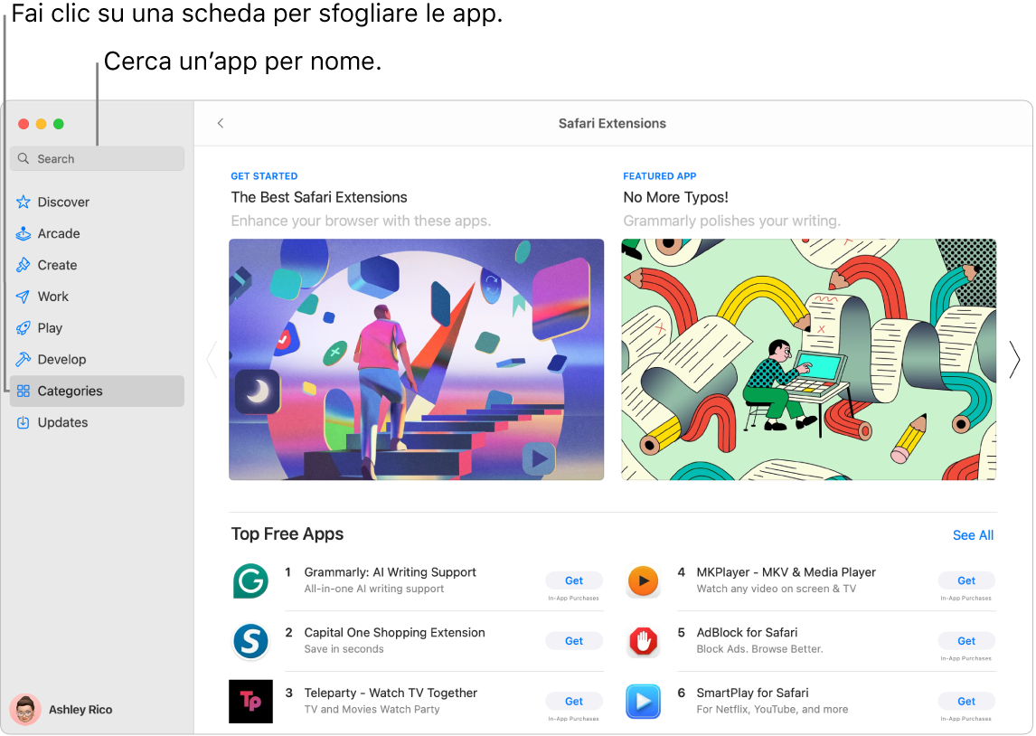 Finestra di App Store che mostra il campo di ricerca e una pagina delle estensioni di Safari.