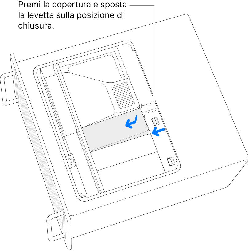 Reinstallazione dei coperchi dei moduli SSD spostando l'interruttore di blocco verso sinistra e facendo pressione sul coperchio del modulo SSD.