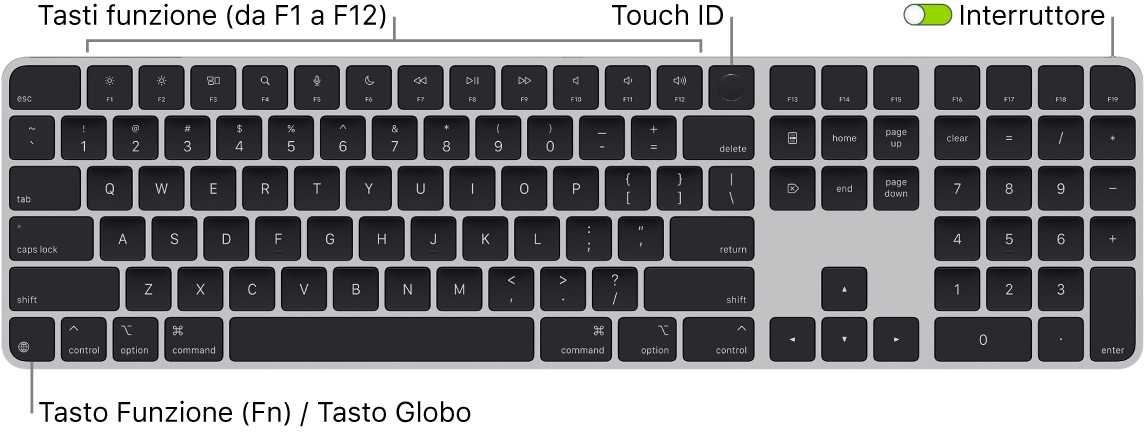 La tastiera Magic Keyboard con Touch ID e tastierino numerico che mostra i tasti funzione e Touch ID in alto e il tasto Funzione (Fn)/Globo in basso a sinistra.