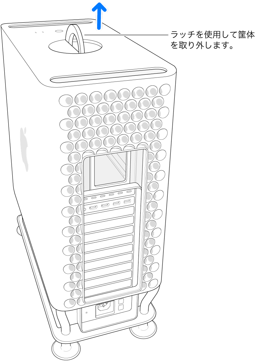 ラッチが回転し、立っています。筐体が持ち上げられてコンピュータから外れます。