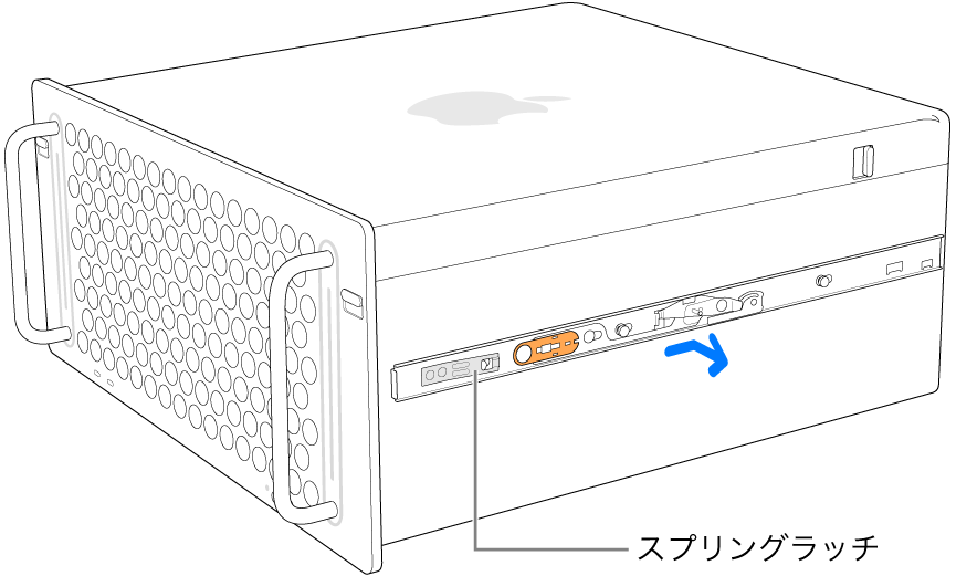 Mac Proの側面から取り外されているレール。