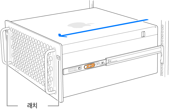 랙에 장착된 레일에 놓여 있는 Mac Pro.