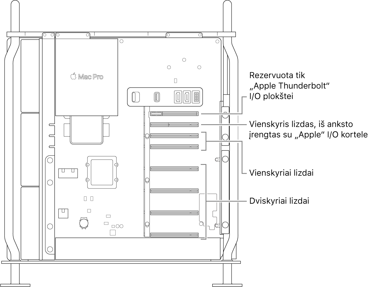 Atidaryta šoninė „Mac Pro“ pusė su šaukiniais, rodančiais keturių dvigubo pločio lizdų, dviejų vieno pločio lizdų, vieno pločio „Apple“ įvesties / išvesties kortelės lizdo ir „Thunderbolt“ įvesties / išvesties plokštės lizdo vietas.