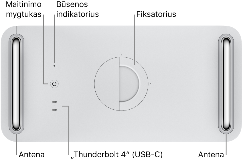 „Mac Pro“ viršuje rodomas maitinimo mygtukas, būsenos indikatoriaus lemputė, fiksatorius, du „Thunderbolt 4“ (USB-C) prievadai ir dvi antenos, viena kairėje ir viena dešinėje.