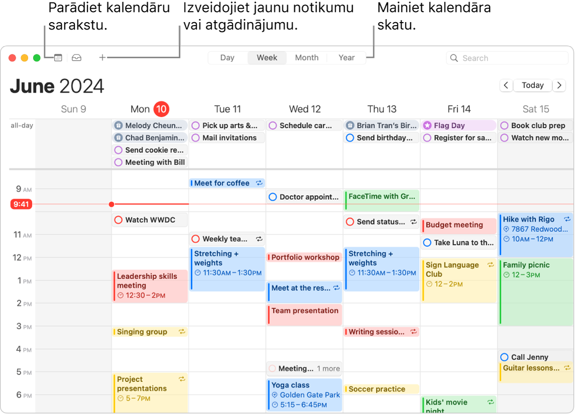 Lietotnes Calendar logs, kurā redzami visi uz nedēļu plānotie ieraksti un atgādinājumi. Bultiņas norāda uz pogām, kas parāda kalendāra sarakstu, izveido ierakstu vai atgādinājumu un maina skatu uz dienu, nedēļu, mēnesi vai gadu.