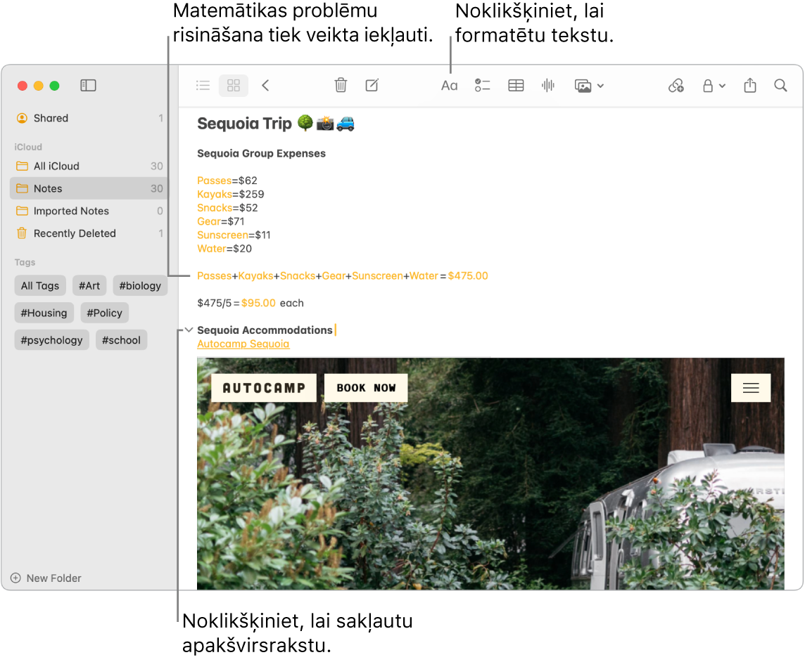 Lietotnes Notes logs, kurā redzams Sequoia Camp izmaksu aprēķins, teksta saite uz tīmekļvietni un naktsmītņu attēls.