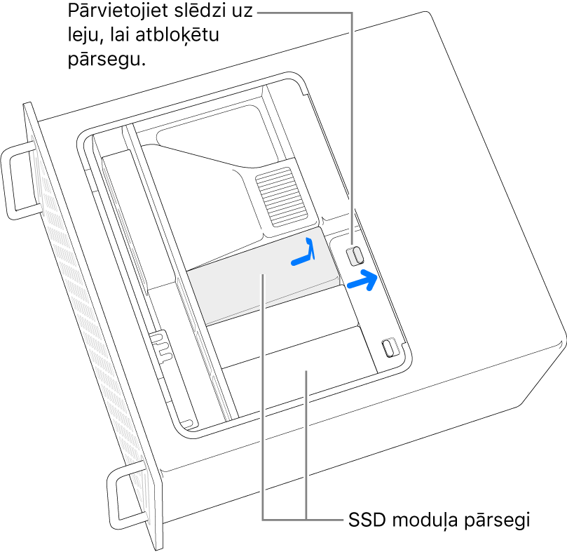 Slēdzis tiek pārvietots pa labi, lai atslēgtu SSD pārsegu.