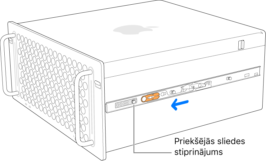 Mac Pro dators ar sliedi tiek slidināts uz priekšu un fiksējas vietā.