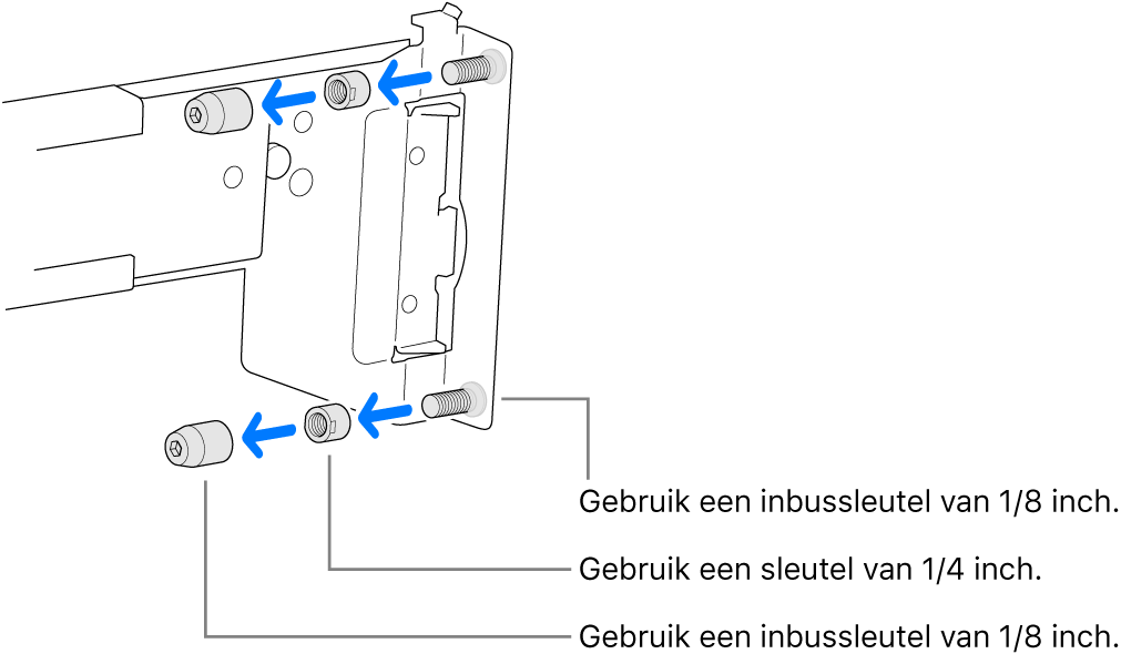 Een rail die in een rack met gaten met schroefdraad past.