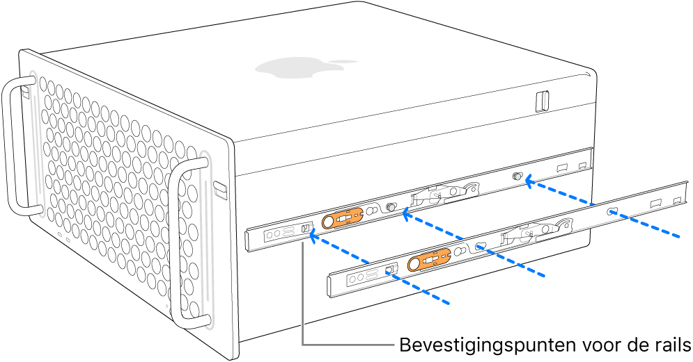 Mac Pro waarbij een binnenste rail aan de zijkant wordt bevestigd.