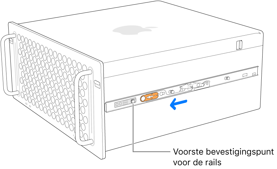 Mac Pro met een rail die naar voren schuift en op zijn plaats wordt vergrendeld.