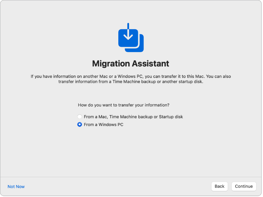 En skjerm fra Oppsettassistent som viser «Overføringsassistent». En avkrysningsrute for å overføre informasjon fra en Windows-PC er markert.