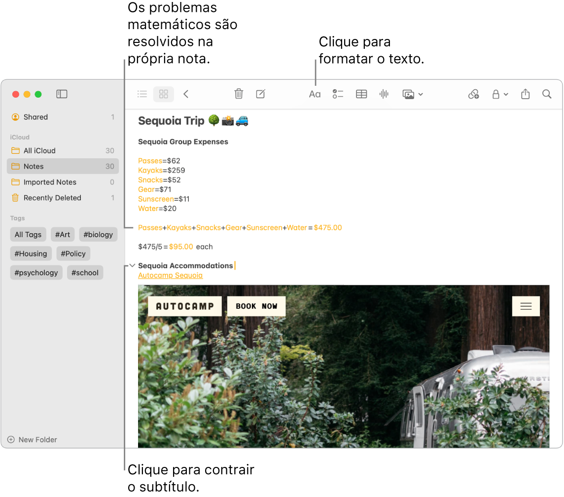 Janela do app Notas mostrando cálculos de despesas no Sequoia Camp, um link de texto para um site e uma imagem de acomodações.