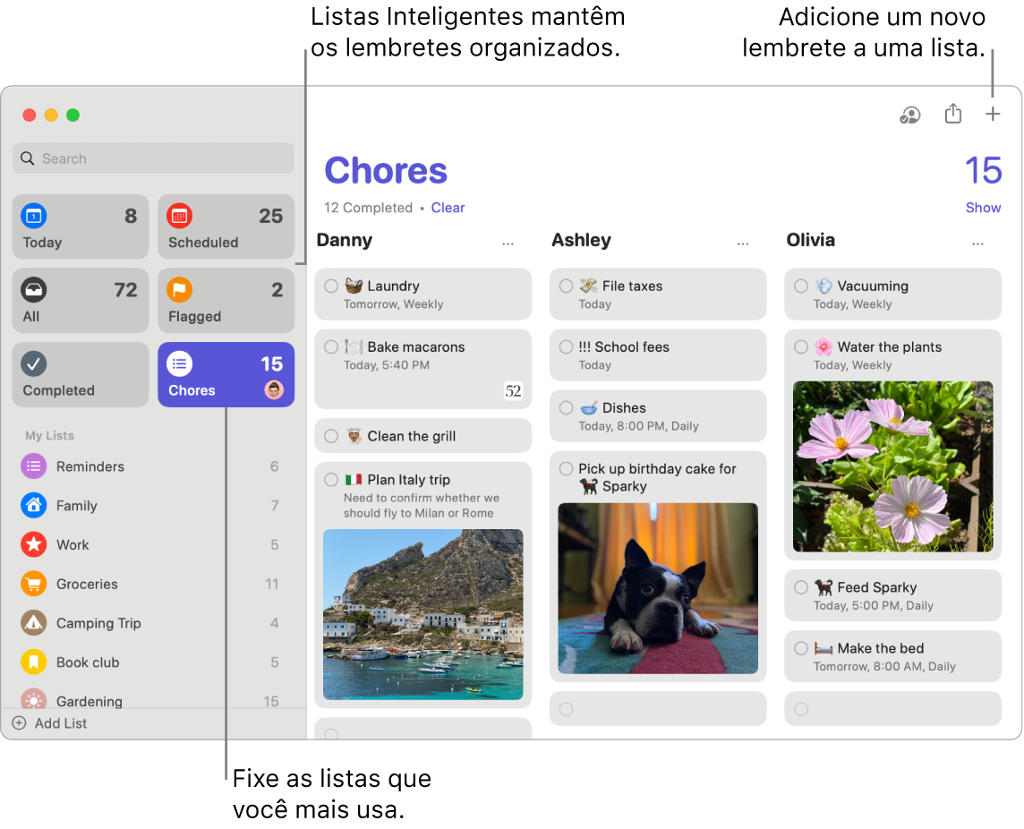 Janela do Lembretes com listas inteligentes à esquerda e outros lembretes e listas abaixo. O cursor está sobre um lembrete. Essas são chamadas para as Listas Inteligentes e para o botão “Adicionar um novo lembrete”.