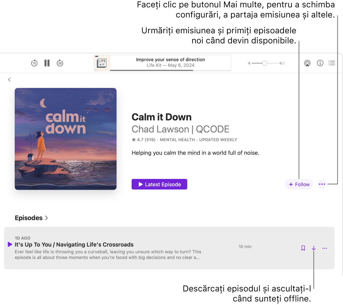 O fereastră Podcasturi afișând un episod dintr‑un podcast. Explicațiile indică spre butoanele Descarcă, Urmărește și Mai multe.