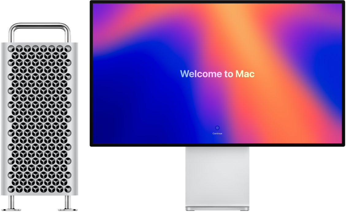 Mac Pro a Pro Display XDR vedľa seba s nápisom „Víta vás Mac“ na obrazovke.