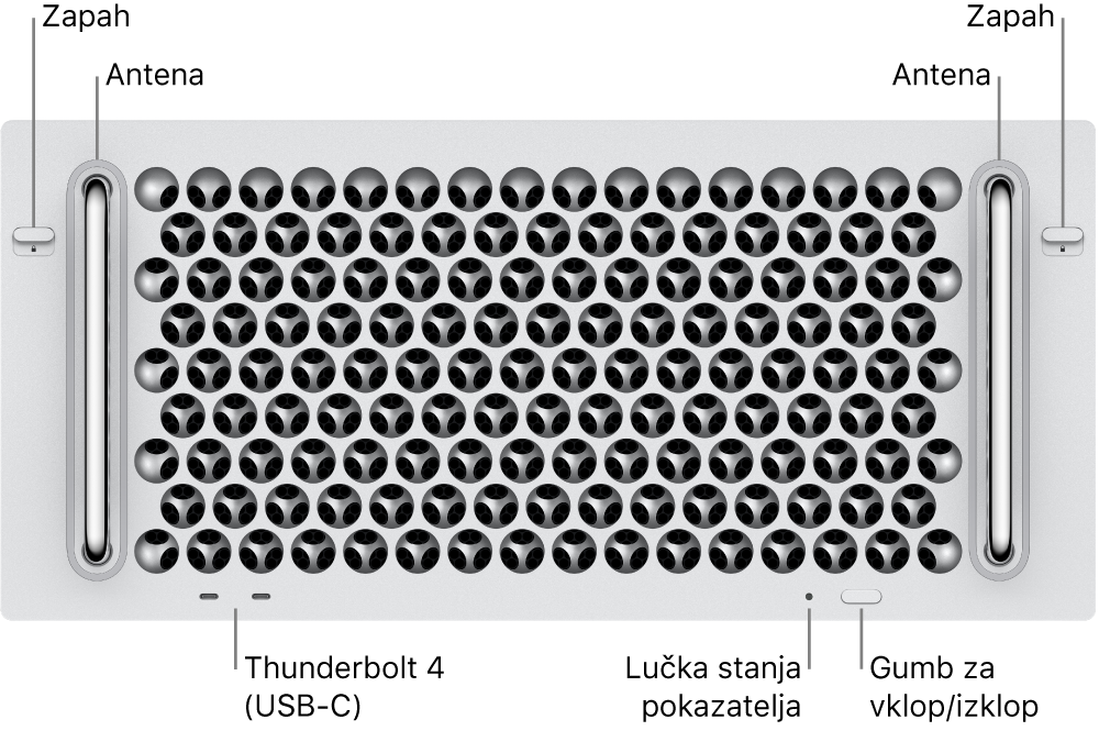 Na sprednji strani računalnika Mac Pro sta dva zapaha, dve anteni, gumb za vklop, indikator lučke stanja in dva vhoda Thunderbolt 4 (USB-C).