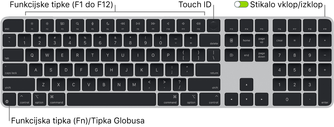 Tipkovnica Magic Keyboard s funkcijo Touch ID in številsko tipkovnico, ki prikazuje vrstico funkcijskih tipk in Touch ID-jem na vrhu, ter funkcijsko tipko (Fn)/globus spodaj levo.