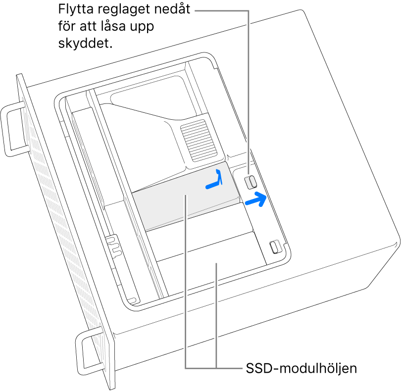 Reglaget flyttas åt höger så att SSD-skyddet låses upp.