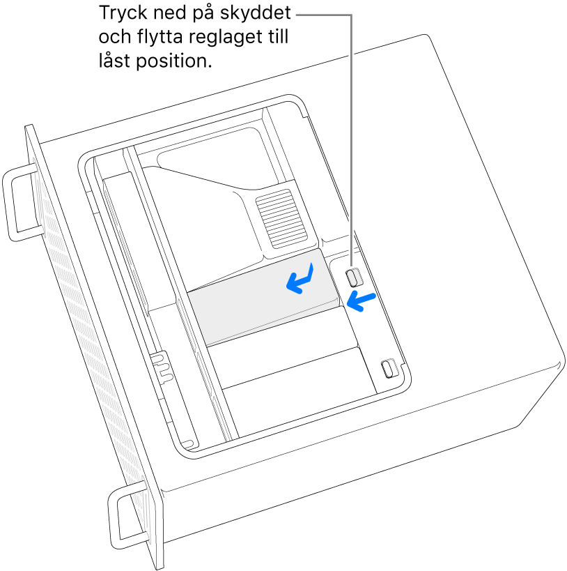 SSD-skydden installeras genom att flytta låsreglaget åt vänster och trycka ned på SSD-skyddet.