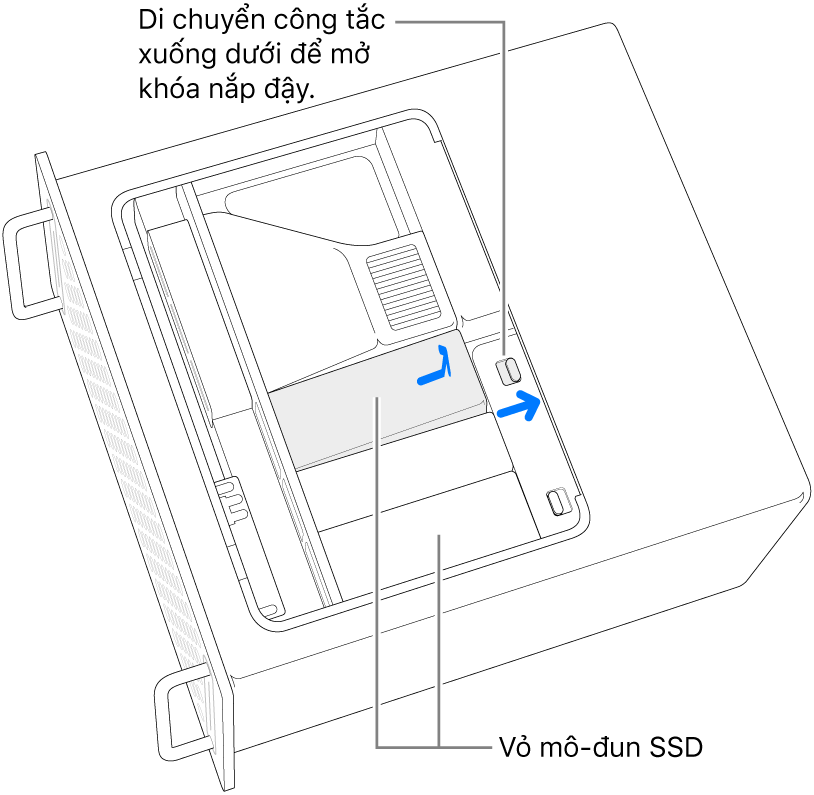 Công tắc đang được di chuyển sang bên phải để mở khóa nắp đậy SSD.