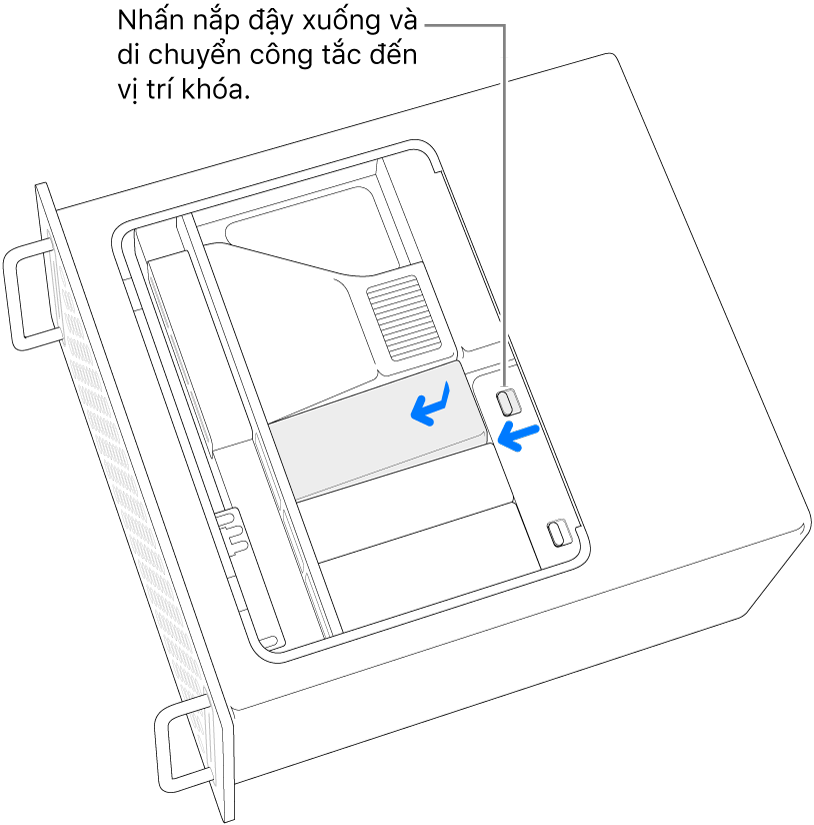 Đang lắp lại các nắp đậy SSD bằng cách di chuyển công tắc khóa sang bên trái và nhấn xuống trên nắp đậy SSD.