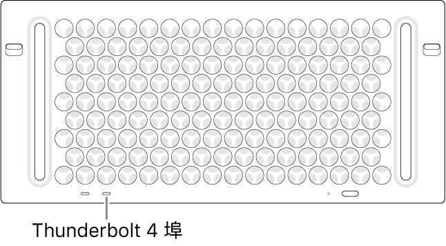 Mac Pro 的頂端，指出要使用的正確 Thunderbolt 4 埠。