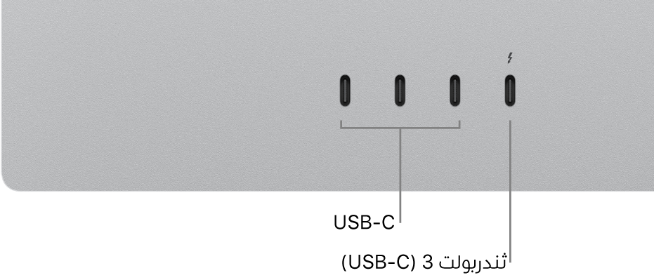 لقطة مُقرَّبة للجزء الخلفي من Studio Display تعرض ثلاثة منافذ USB-C على اليسار ومنفذ ثندربولت 3 (USB-C) على اليمين.